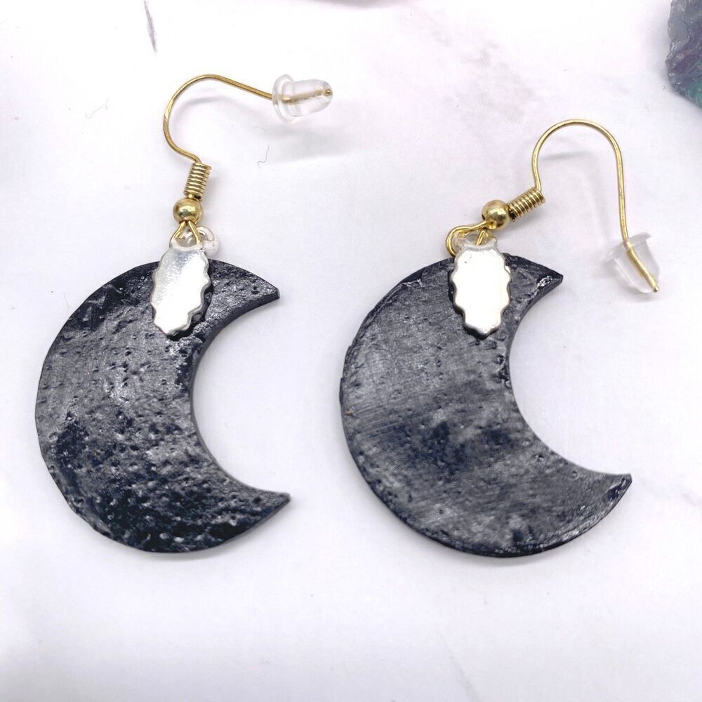 Black and Gold Drippy Moon Wire Hook Dangle Earrings - Picture 10 of 10